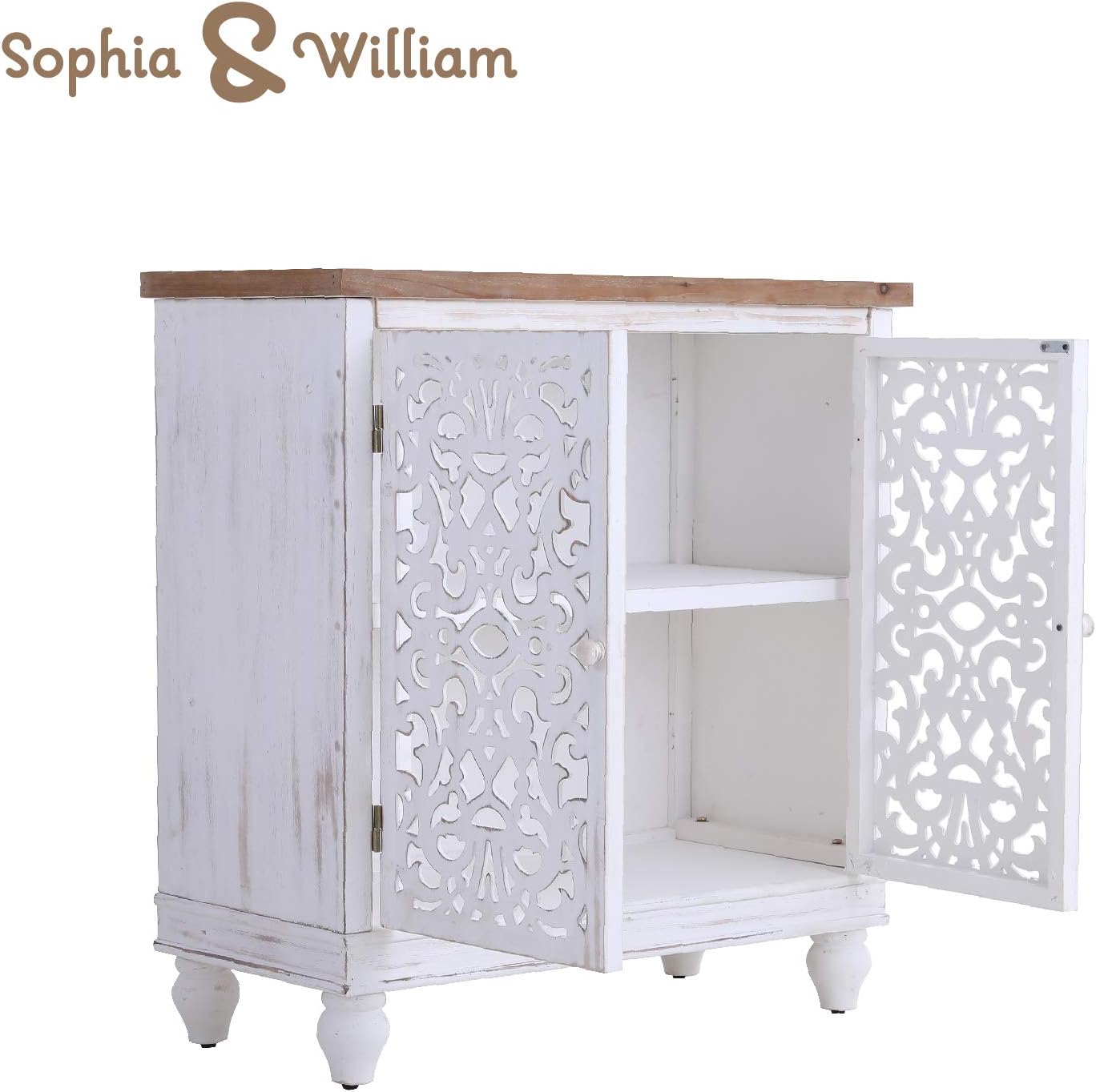 Sophia & William Accent Cabinet with 2 Doors, Distressed Storage Cabinet with Wood Frame and Hollow-Carved Door for Entryway Living Room, White