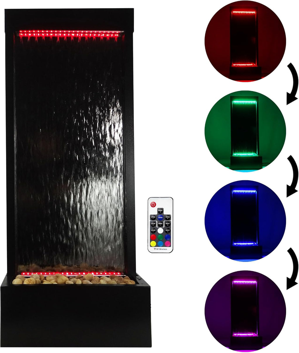 Alpine Corporation MLT174S‑MC Waterfall Fountain – Plug in Indoor Fountain with Black‑Framed Glass, Cascading Water, Floor Feature & Multi‑Color LED Lights, 48'