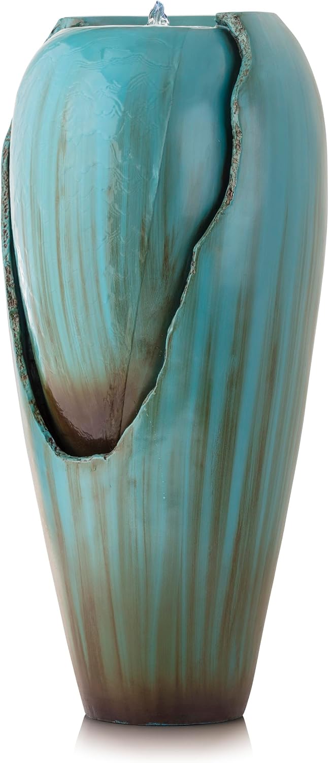 Alpine Corporation 33' Tall Outdoor Antique Jar Water Fountain, Vintage Cascading Design with LED Lights, Garden, Patio & Yard Decor, Turquoise