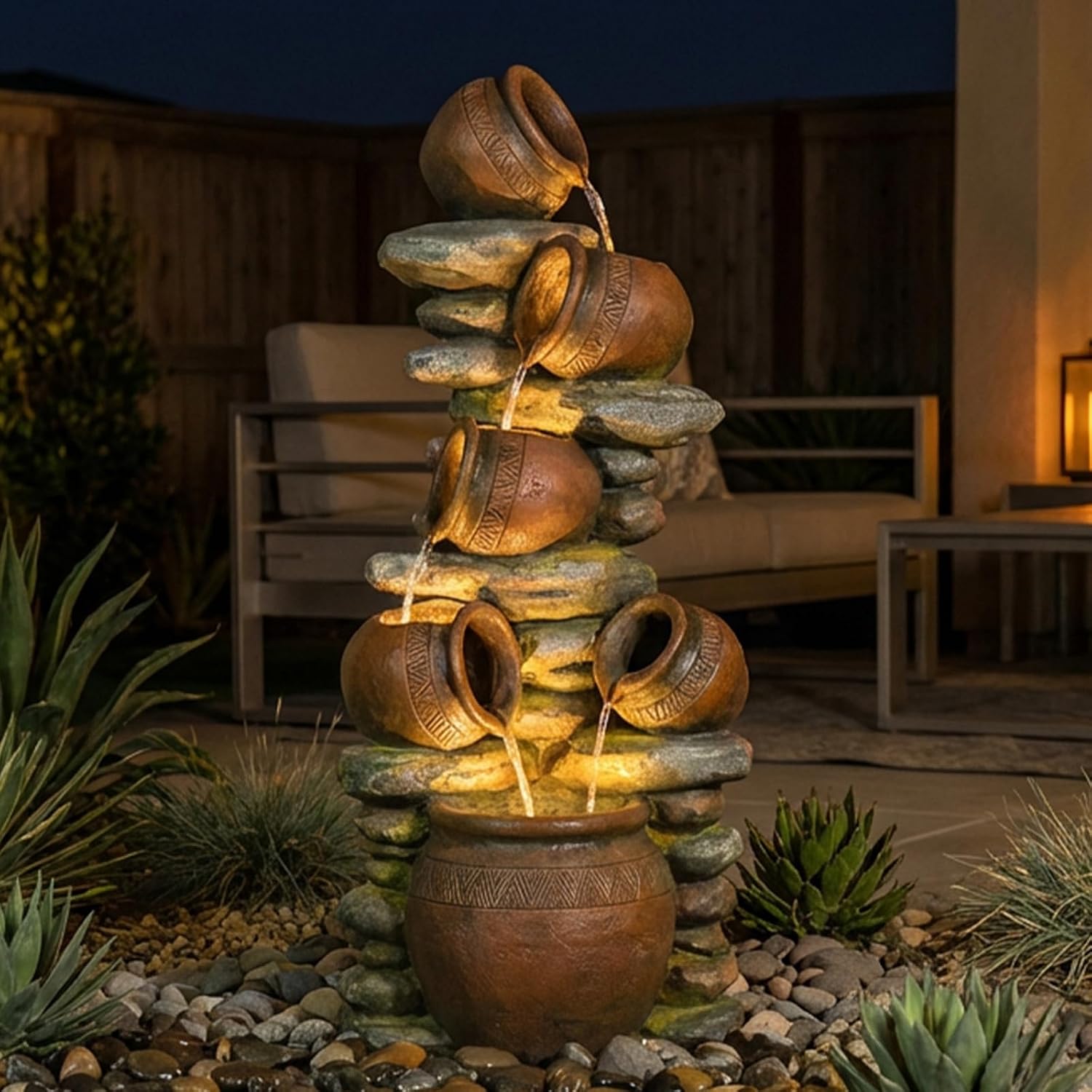 60' H Large Outdoor Water Fountain, 5-Tier Cascading Waterfall Fountain Feature with LED Lights, Rustic Crock Garden Water Feature for Patio, Backyard, Porch, Indoor & Outdoor Décor