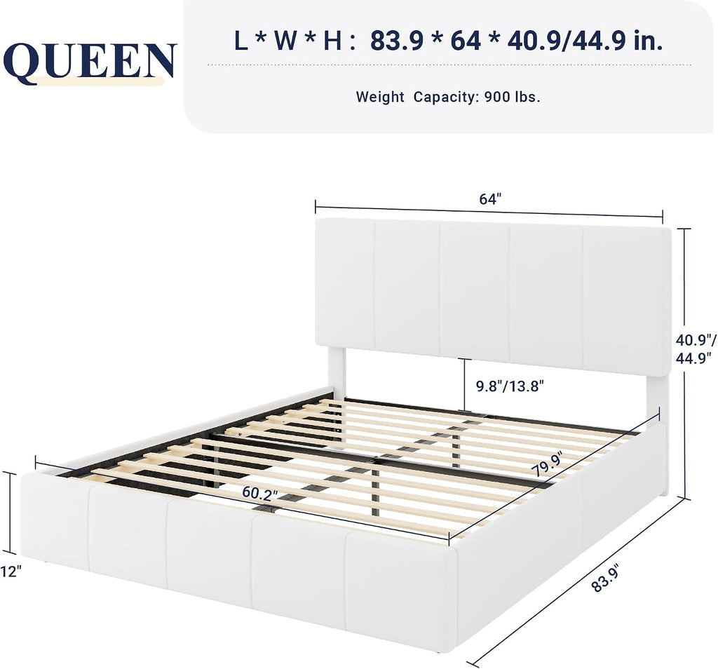 Allewie Queen Size Dutch Velvet Upholstered Platform Bed Frame/Vertical Channel Tufted Adjustable Headboard/Low Profile Bed Frame/No Box Spring Needed/Easy Assembly/White
