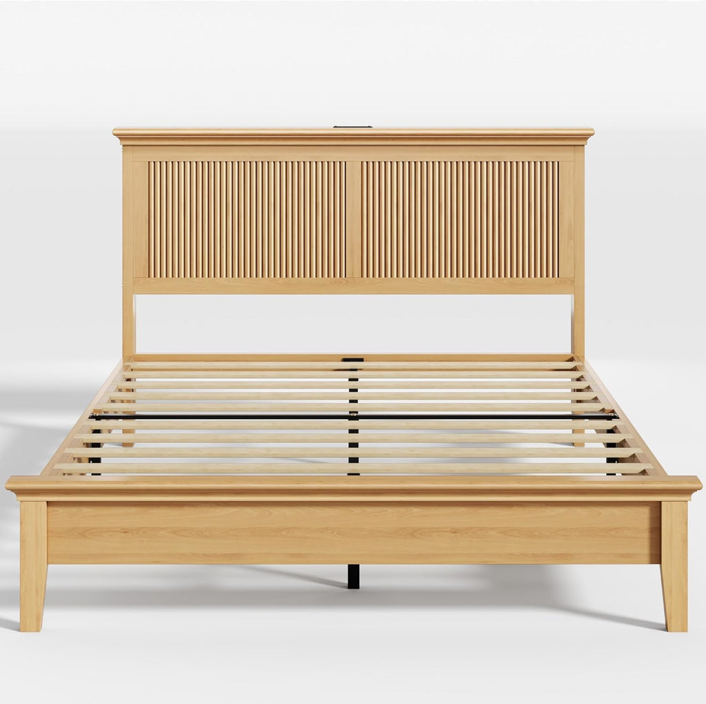 Lifezone Wood Queen Bed, Solid Wood Bed with Tall Headboard, American Vintage Design, Queen Bed with Charging Station & RGB LED, Wood Slats Support,Noise-Free,Sturdy Structure,Easy Assembly, Natural