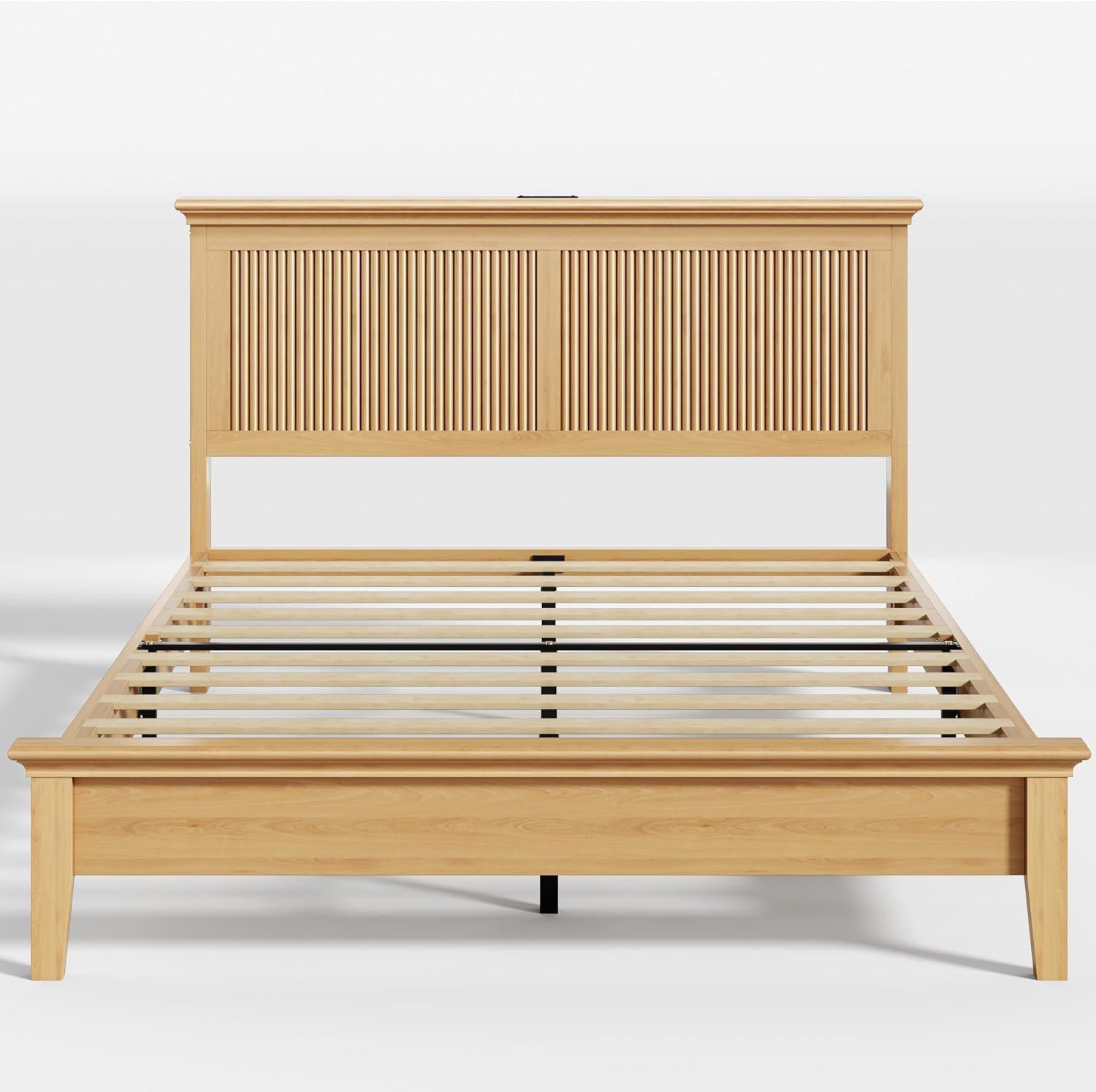 Lifezone Wood Queen Bed, Solid Wood Bed with Tall Headboard, American Vintage Design, Queen Bed with Charging Station & RGB LED, Wood Slats Support,Noise-Free,Sturdy Structure,Easy Assembly, Natural