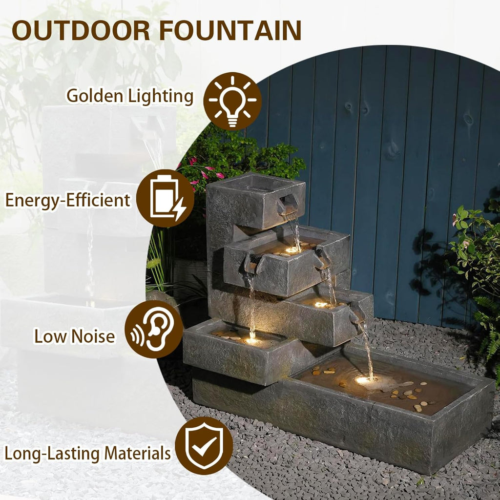 Sunlinua 26' H Outdoor Water Fountain with 4 Tiers Cascading Rock Texture Waterfall Fountains with LED Lights Outdoor Water Fountain for Garden Patio Backyard Porch Home Decor