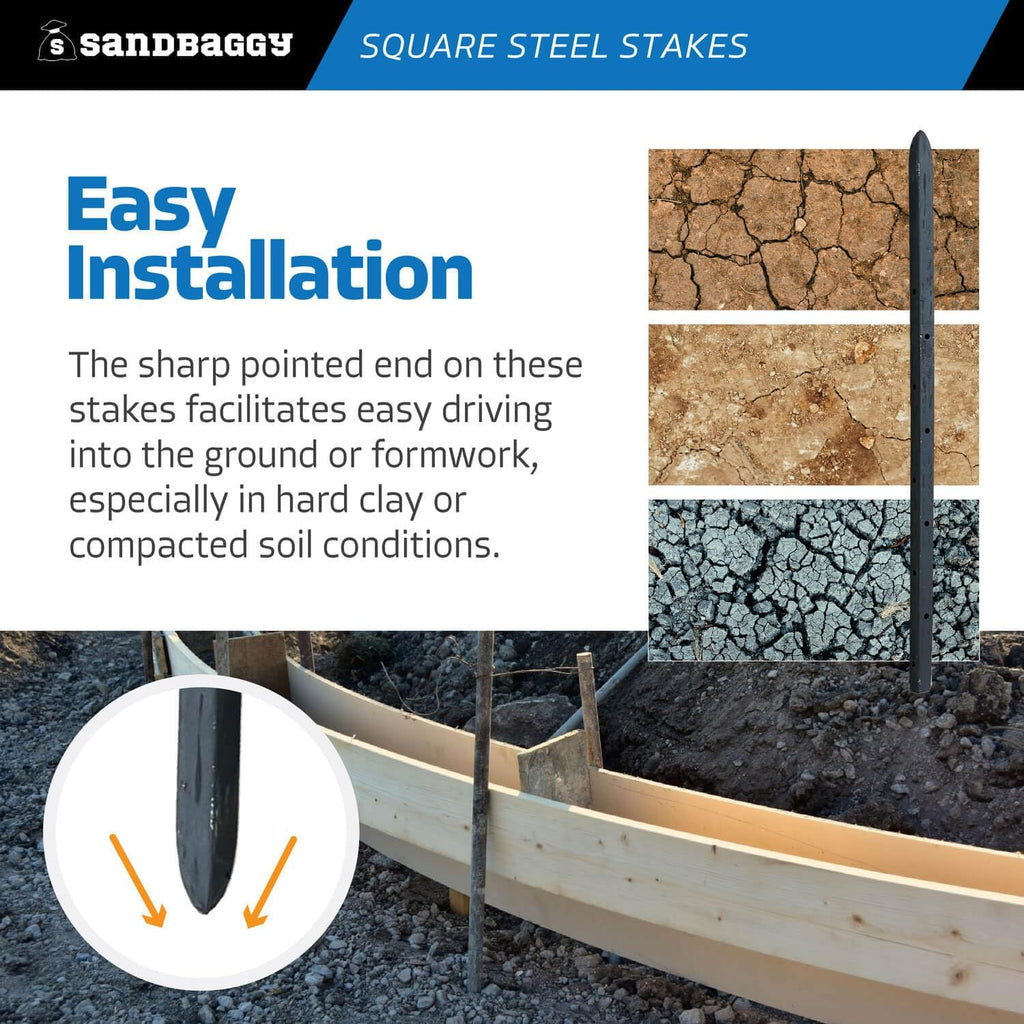 Sandbaggy 18' Square Steel Concrete Form Stakes with Nail Holes - 5/8' Wide - Rust Resistant - Removable/Reusable - Construction Grade Rebar Pins (Square Nail Stakes, 650, Count)