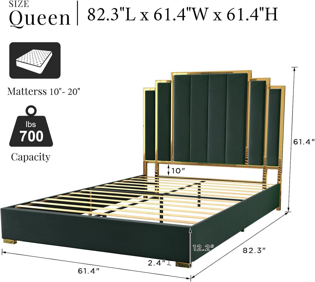 Albott Queen Size Platform Bed Frame, 61.4' Velvet Upholstered Bed with Gold Trim Headboard/Wooden Slats/No Box Spring Needed/Green