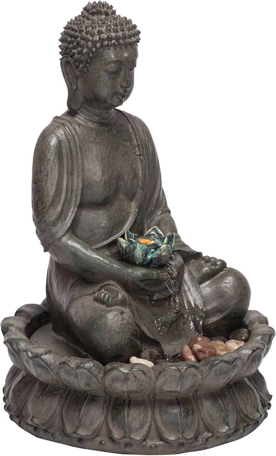 Alpine Corporation GEM178 Indoor Tabletop Meditating Buddha Water Fountain with LED Lights and Lotus Flower, 19', Beige
