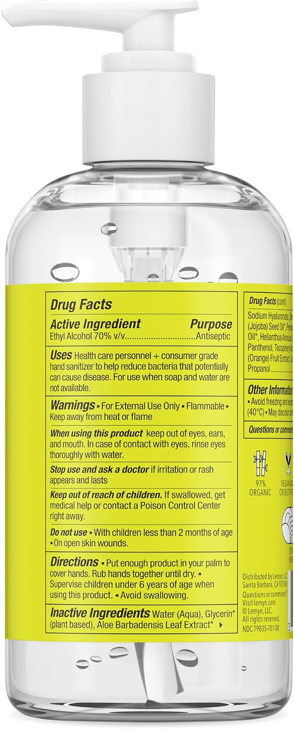 Lemyn Organics Medical‑Grade Hand Sanitizer Gel – 97 % Organic | 70 % USP Ethyl Alcohol | Moisturizing Aloe + Hyaluronic Acid | Freshly Made in USA | 8oz Bottle with Pump (PACK OF 12)