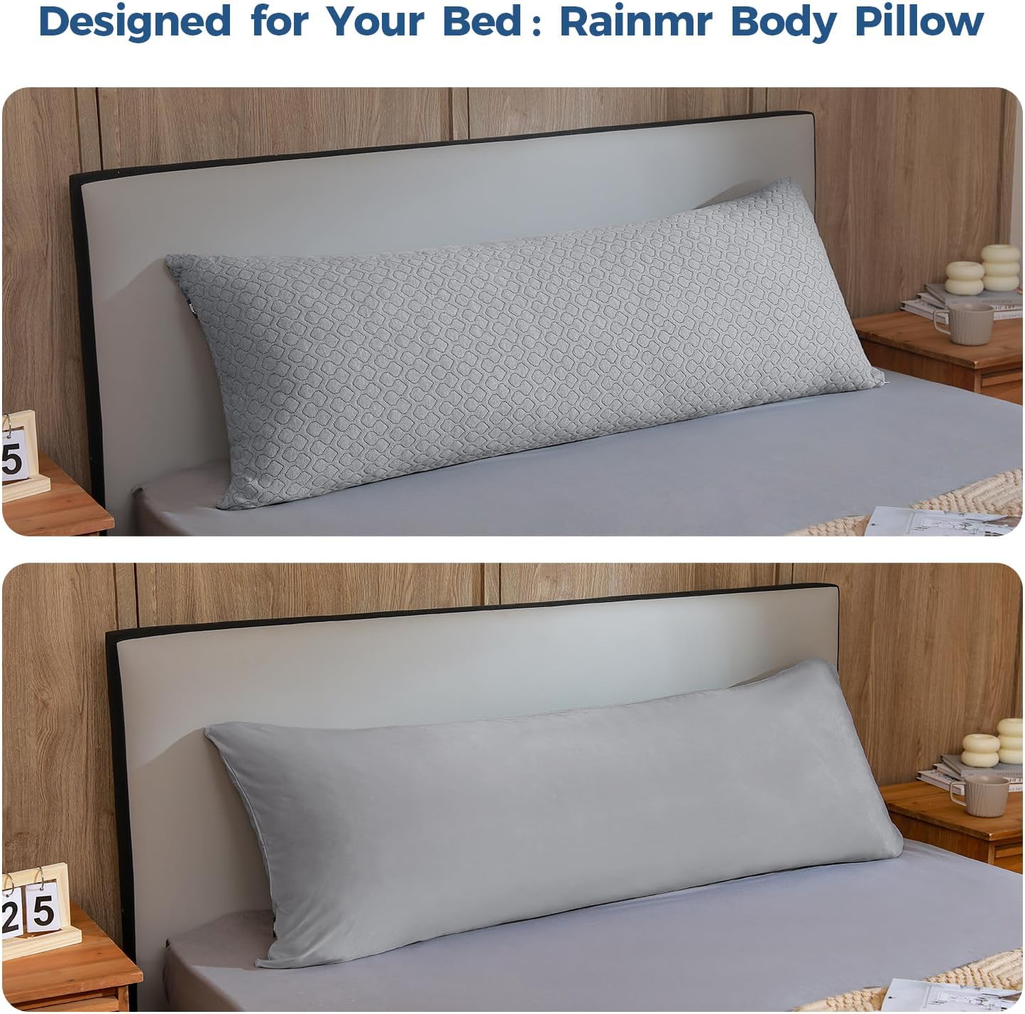 Rainmr Extra Long Body Pillow Memory Foam 180x50cm – Firm King Size Body Pillows for Adults – with Gray Cooling Cover 20 x 70 inches