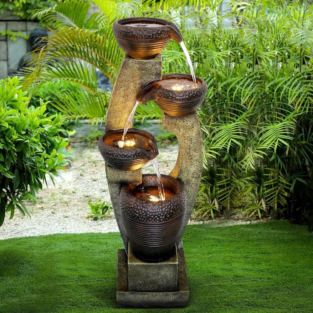 40' H Modern Outdoor Fountain - 4 Crocks Outdoor Garden Fountains with Contemporary Design for Garden, Patio, Deck, Porch, Backyard and Home Art Decor