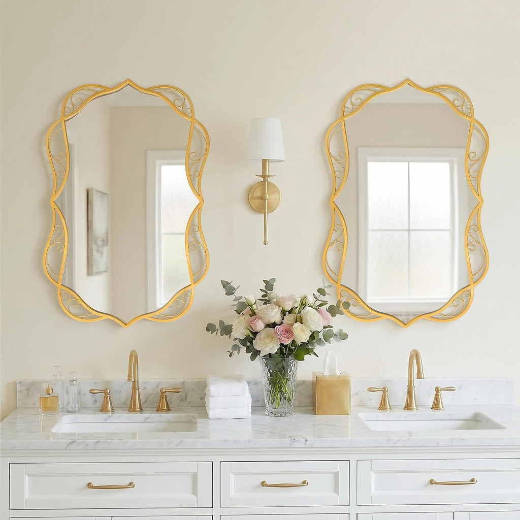 Besdomus Antique Gold Bathroom Mirror: 24'x36' Scalloped Modern Large Bathroom Vanity Mirrors for Over Sink - Farmhouse Decorative Vertical or Horizontal Hanging for Bathroom/Living Room/Entryway