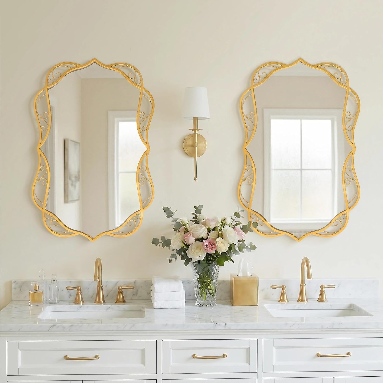 Besdomus Antique Gold Bathroom Mirror: 24'x36' Scalloped Modern Large Bathroom Vanity Mirrors for Over Sink - Farmhouse Decorative Vertical or Horizontal Hanging for Bathroom/Living Room/Entryway