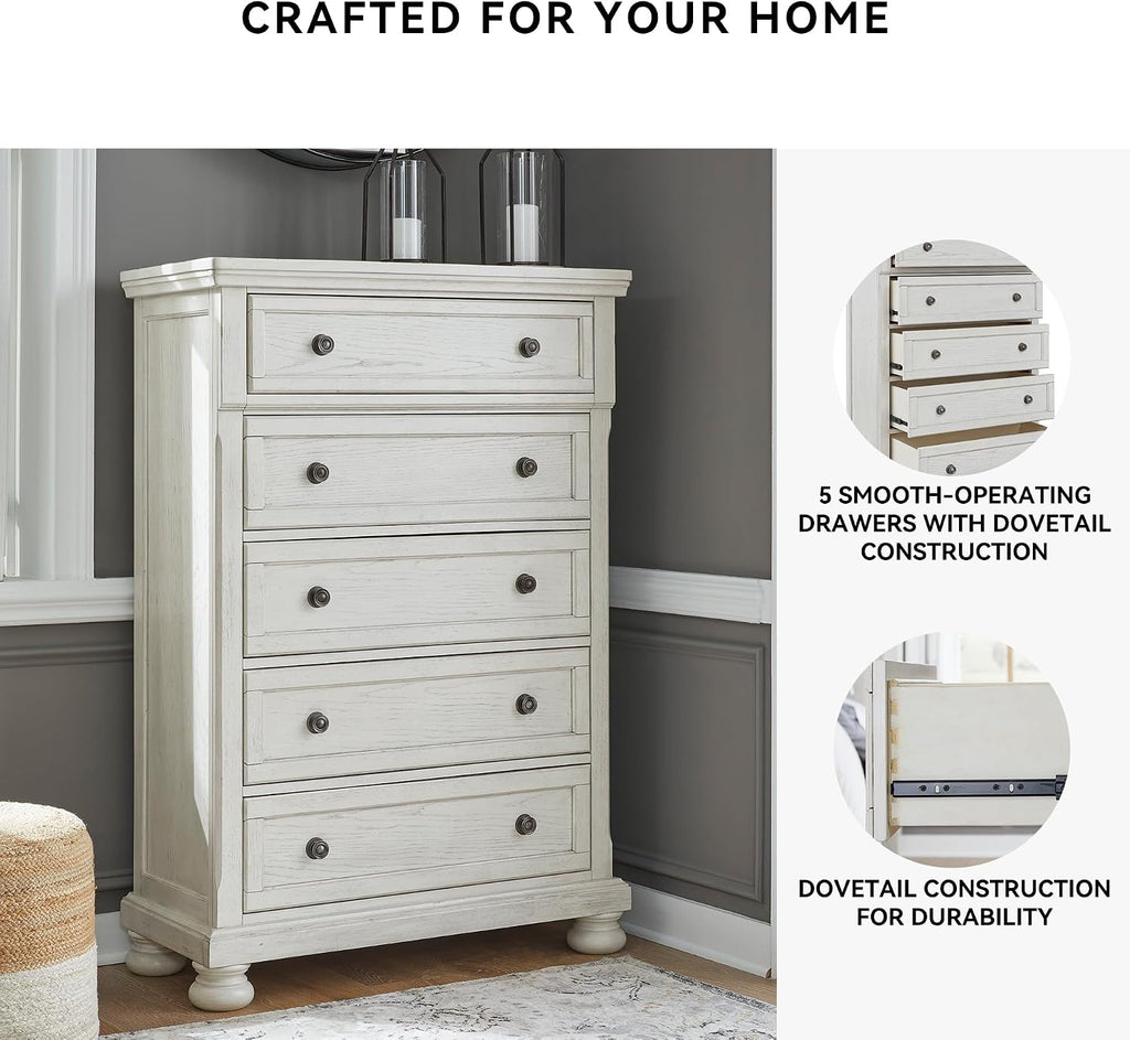 Signature Design by Ashley Robbinsdale Traditional 5 Drawer Chest, Antique White
