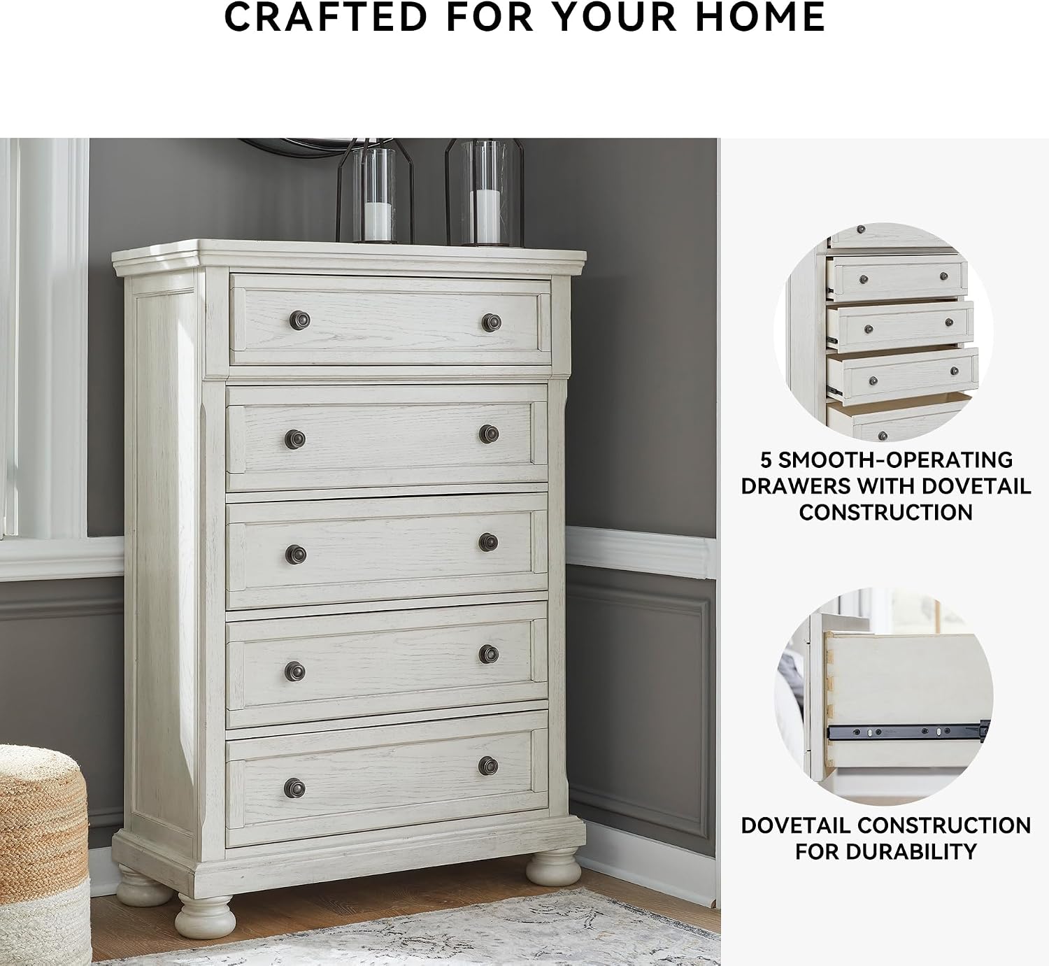 Signature Design by Ashley Robbinsdale Traditional 5 Drawer Chest, Antique White