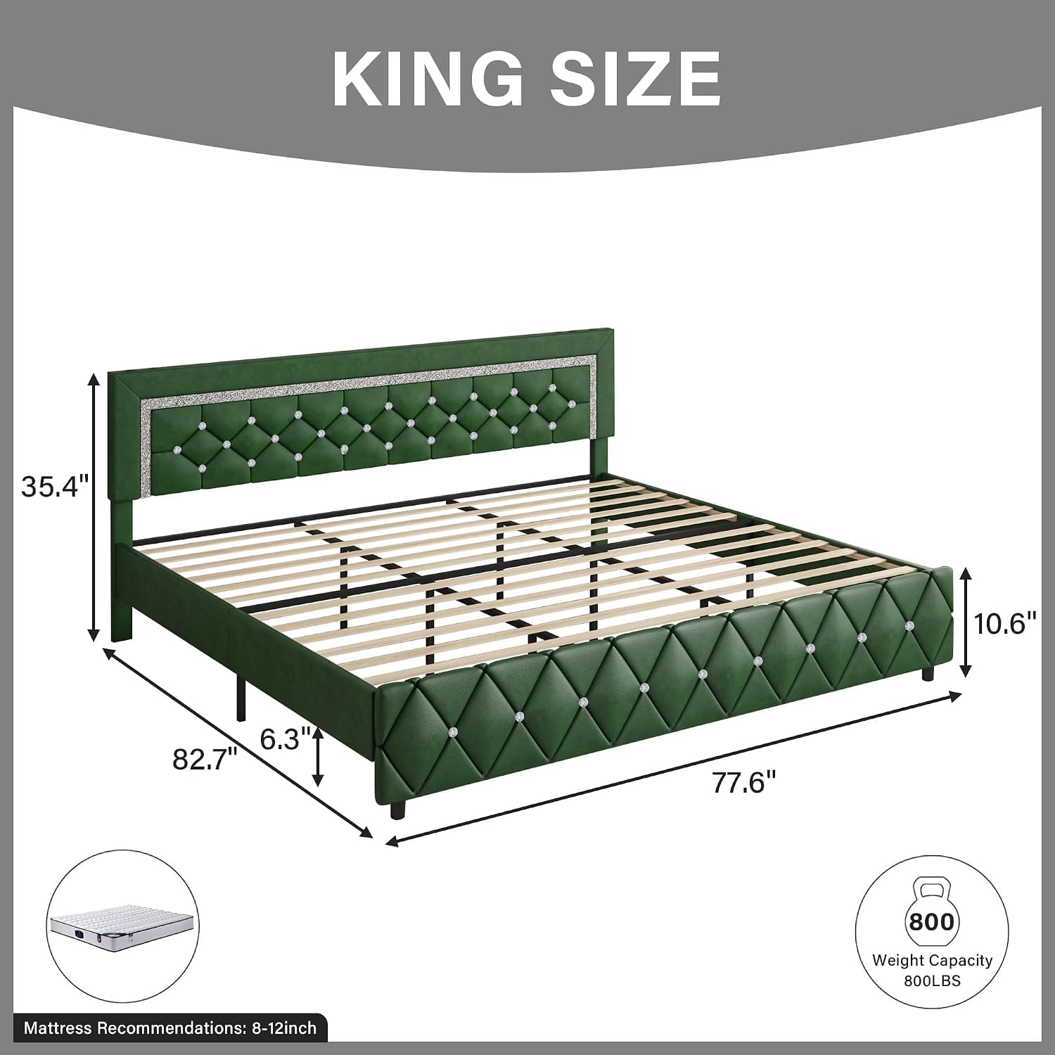 BarnFurin King Size Bed Frame with Headboard, Upholstered Bed with Diamond Tufted Design, Wooden Slats Support, No Box Spring Required, Easy Assembly, Green
