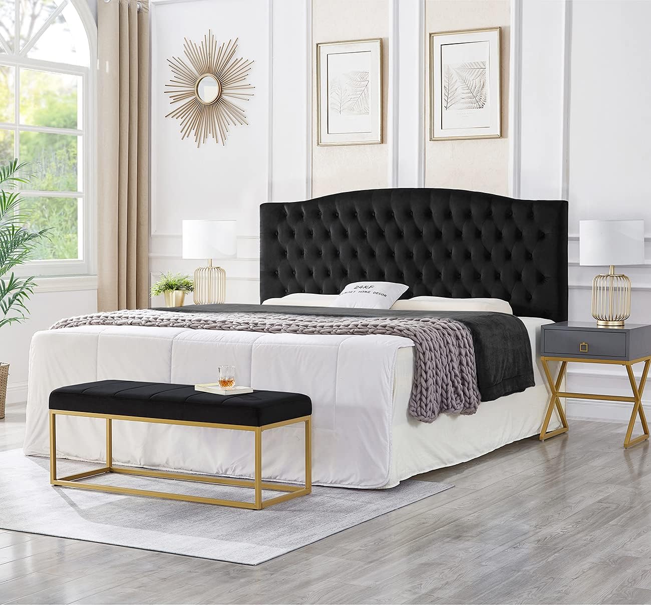 24KF Upholstered Tufted Button Velvet Headboard,Comfortable Fashional Headboard King/CA King Size,Black