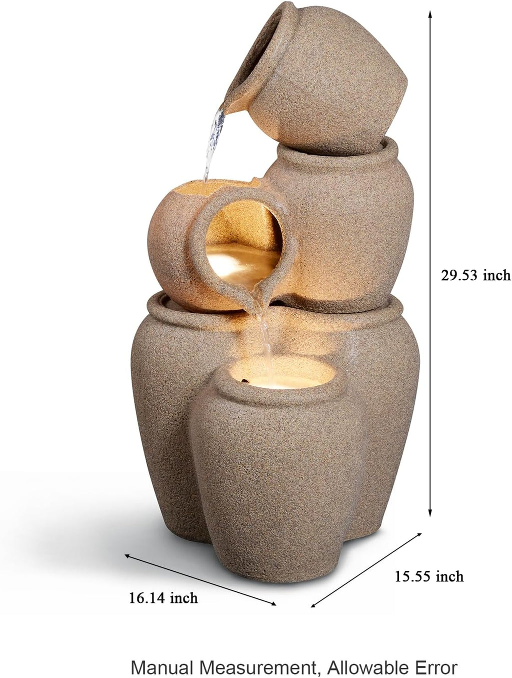 29.53' H 3-Tiers Cascading Jars Outdoor Water Fountain Made with Eco-Friendly Recyclable Materials, Polyethylene Waterfall Fountain, Outdoor Decor with LED Lights for Patio, Backyard