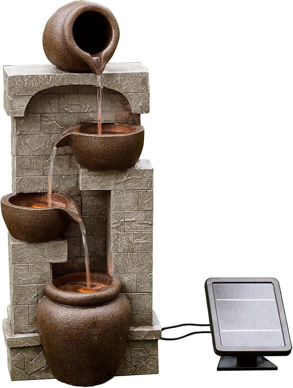 Teamson Home 28 in. Cascading Bowls and Stacked Stones LED Outdoor Water Fountain for Outdoor Living Spaces to Create a Calming Oasis in Gardens and Landscaping, on Patios, Balconies, Lawns, Brown