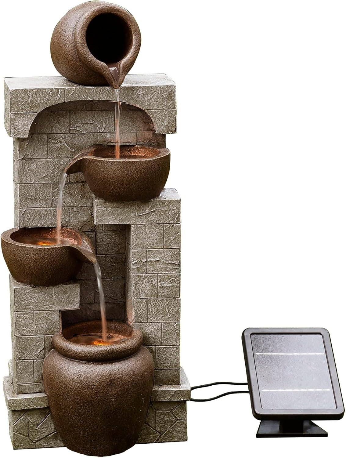 Teamson Home 28 in. Cascading Bowls and Stacked Stones LED Outdoor Water Fountain for Outdoor Living Spaces to Create a Calming Oasis in Gardens and Landscaping, on Patios, Balconies, Lawns, Brown
