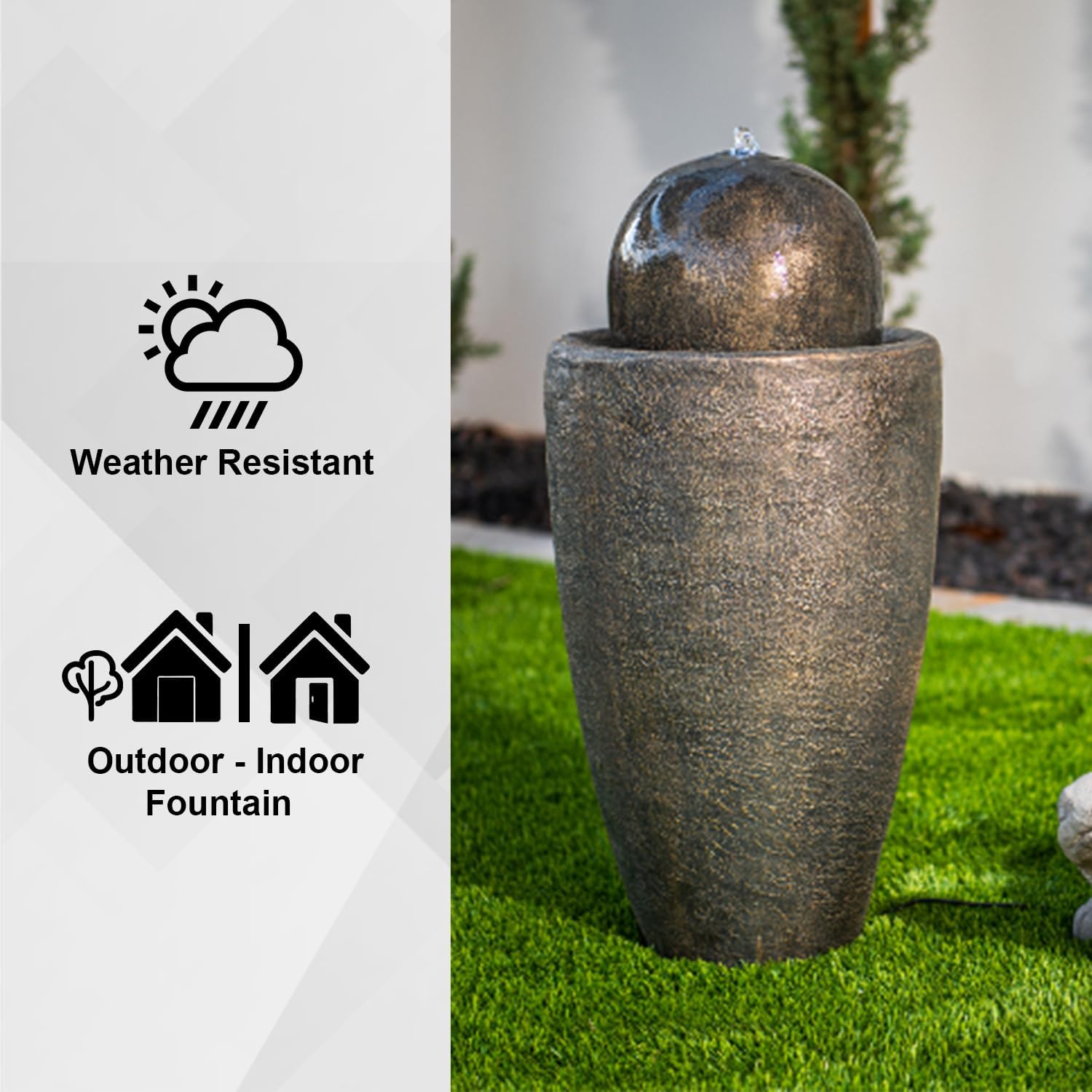 XBrand 25.98' H Round Stone Indoor/Outdoor Modern Stone Textured Sphere Water Fountain with LED Lights, Bronze