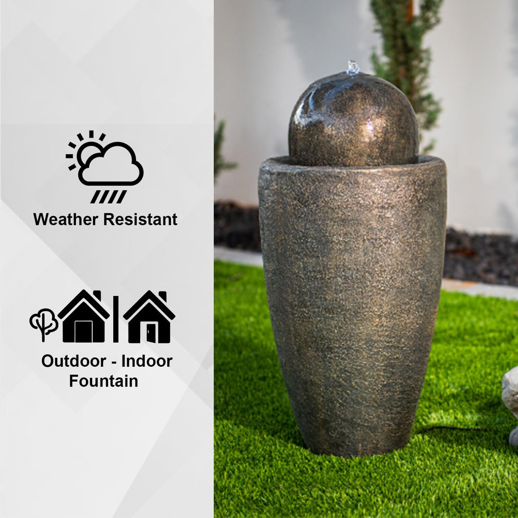 XBrand 25.98' Modern Sphere Water Fountain with LED Light – Indoor Outdoor Stone Texture Floor Fountain, Zen Bubbling Ball Water Feature for Garden Patio Porch - Bronze