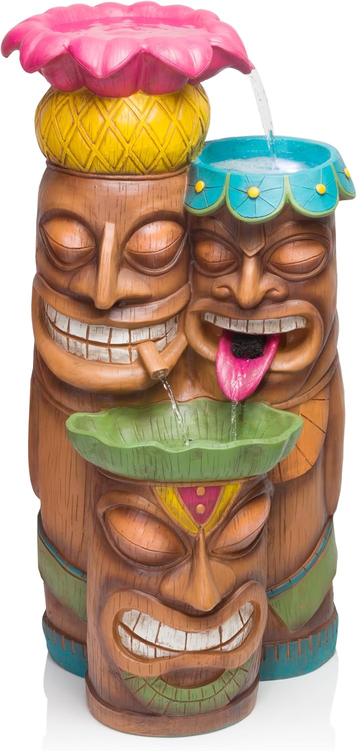 Alpine Corporation - 3-Tiered Colorful Tiki Head Water Fountain, Indoor/Outdoor Tropical Waterfall with LED Lights, for Garden, Patio, Yard, 35' H