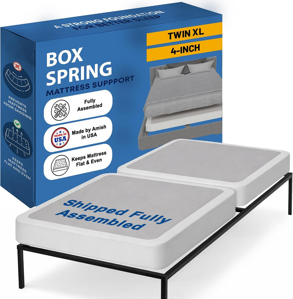 Greaton, Box Spring Bed Base Twin XL Size, 4-Inch Wood Mattress Foundation – Amish Made in USA – Quiet Noise Free, 2-Pieces Under Mattress-Support BoxSpring, Fully Assembled, White