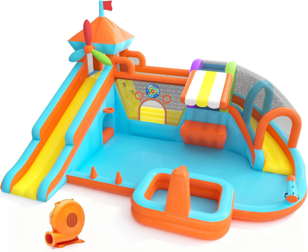 Inflatable Bounce House with Double Slide, 10 in 1 Large Bounce Castle with 750W Blower, Water Slide, Jumping, Splash Pool, Climbing Wall, Toy Stand, Water Cannon, Basketball, Tunnel, Outdoor, Orange