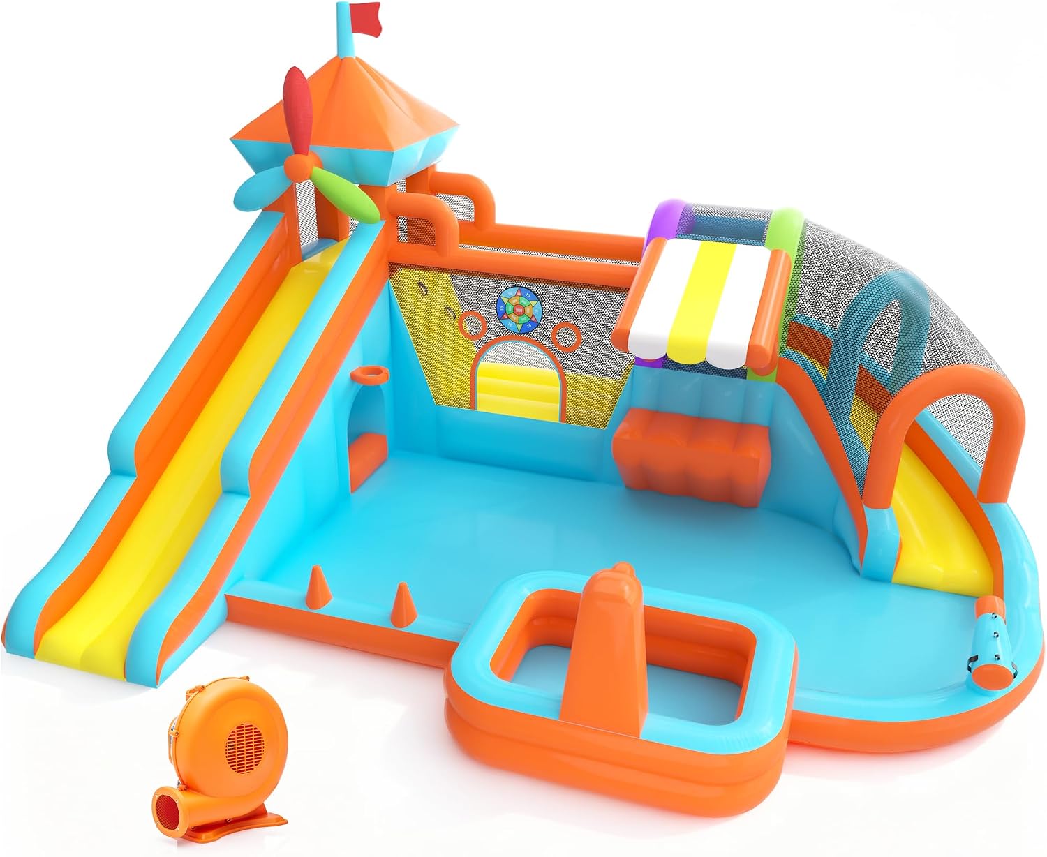 Inflatable Bounce House with Double Slide, 10 in 1 Large Bounce Castle with 750W Blower, Water Slide, Jumping, Splash Pool, Climbing Wall, Toy Stand, Water Cannon, Basketball, Tunnel, Outdoor, Orange