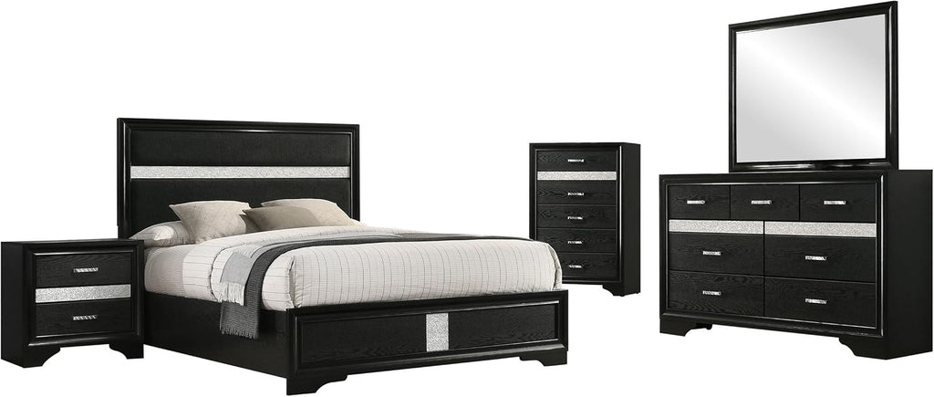 Coaster Home Furnishings Miranda Contemporary 5-Piece Bedroom Set Fabric Upholstered Queen Size Panel Bed Frame 54-inch Headboard Black 206360Q-S5
