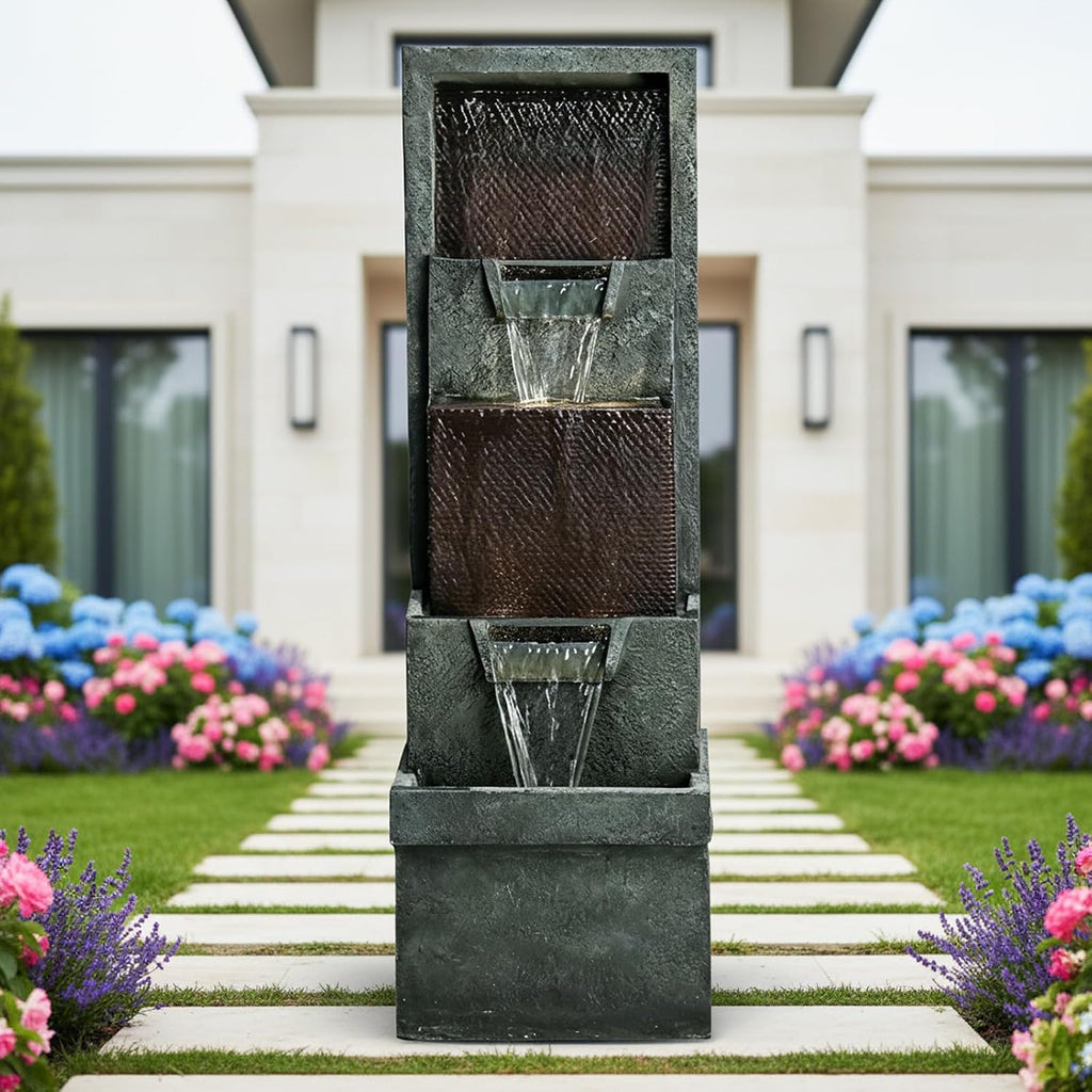 Naturefalls 39.3' Tall 4-Tier Outdoor Water Fountain with LED Lights - Gray Resin Indoor/Outdoor Waterfall Fountain for Garden Patio Deck Backyard Home Decor
