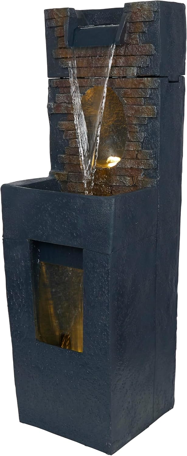 Alpine Corporation TZL398 40' Stone Wall Cascading Fountain with LED Lights, Elegant Outdoor Water Feature for Garden, Patio, Backyard & Home Decor, Relaxing Waterfall Fountain, Gray