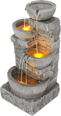 Teamson Home 33.25 in. Cascading Bowls and Stacked Stones LED Outdoor Water Fountain for Gardens, Landscaping, Patios, Balconies, and Lawns for a Calming Oasis in Outdoor Living Spaces, Stone Gray