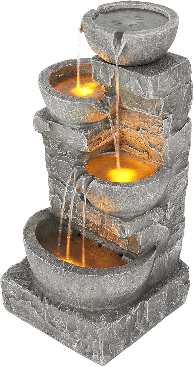Teamson Home 33.25 in. Cascading Bowls and Stacked Stones LED Outdoor Water Fountain for Gardens, Landscaping, Patios, Balconies, and Lawns for a Calming Oasis in Outdoor Living Spaces, Stone Gray