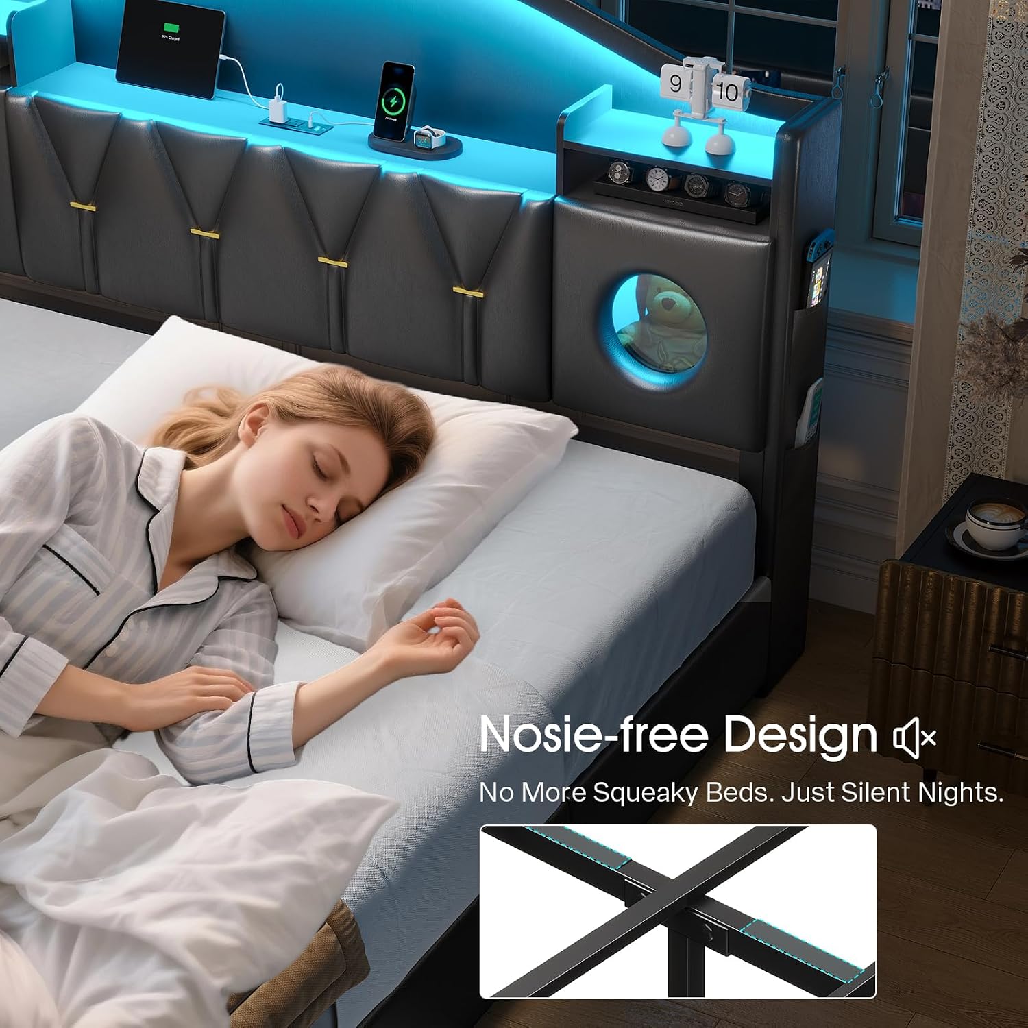California King Bed Frame with 6 Storage Drawers, Platform Cal King Bed Frame with Headboard, LED Lights&Charging Station, Noise-Free, No Box Spring Needed, Easy Assembly, PU Black