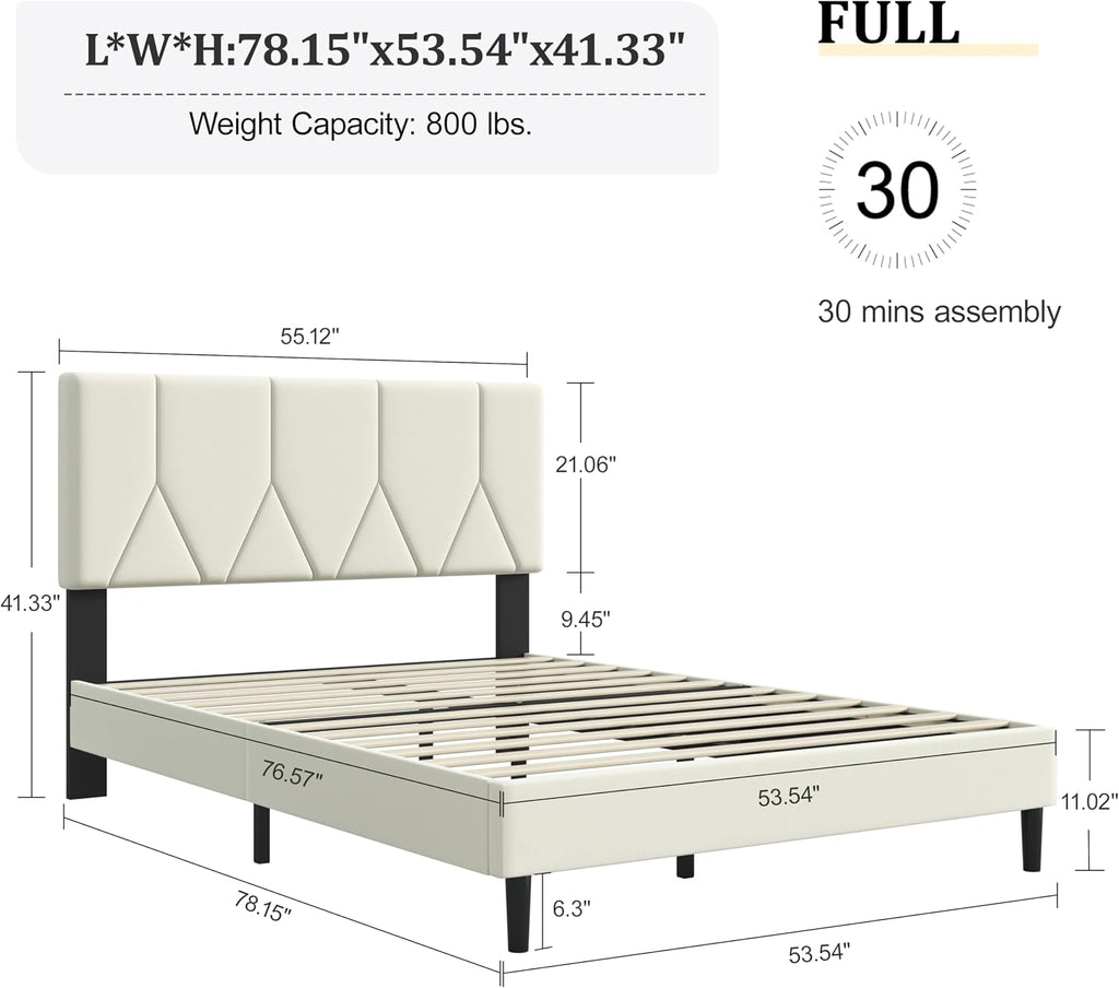 IOILORI Full Size Bed Frame Platform with Velvet Upholstered Headboard, Sturdy Wooden Slats, No Spring Box, No Noise, Easy to Assemble, Bedframe with Strong Wooden Slats, Beige