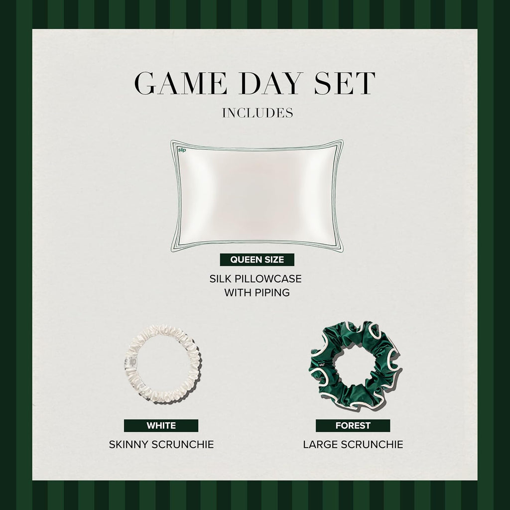 slip Game Day Set – Queen Silk Pillowcase with Contrast Piping, Forest Large Scrunchie & White Skinny Scrunchie – Pure Mulberry Silk Hair & Sleep Essentials