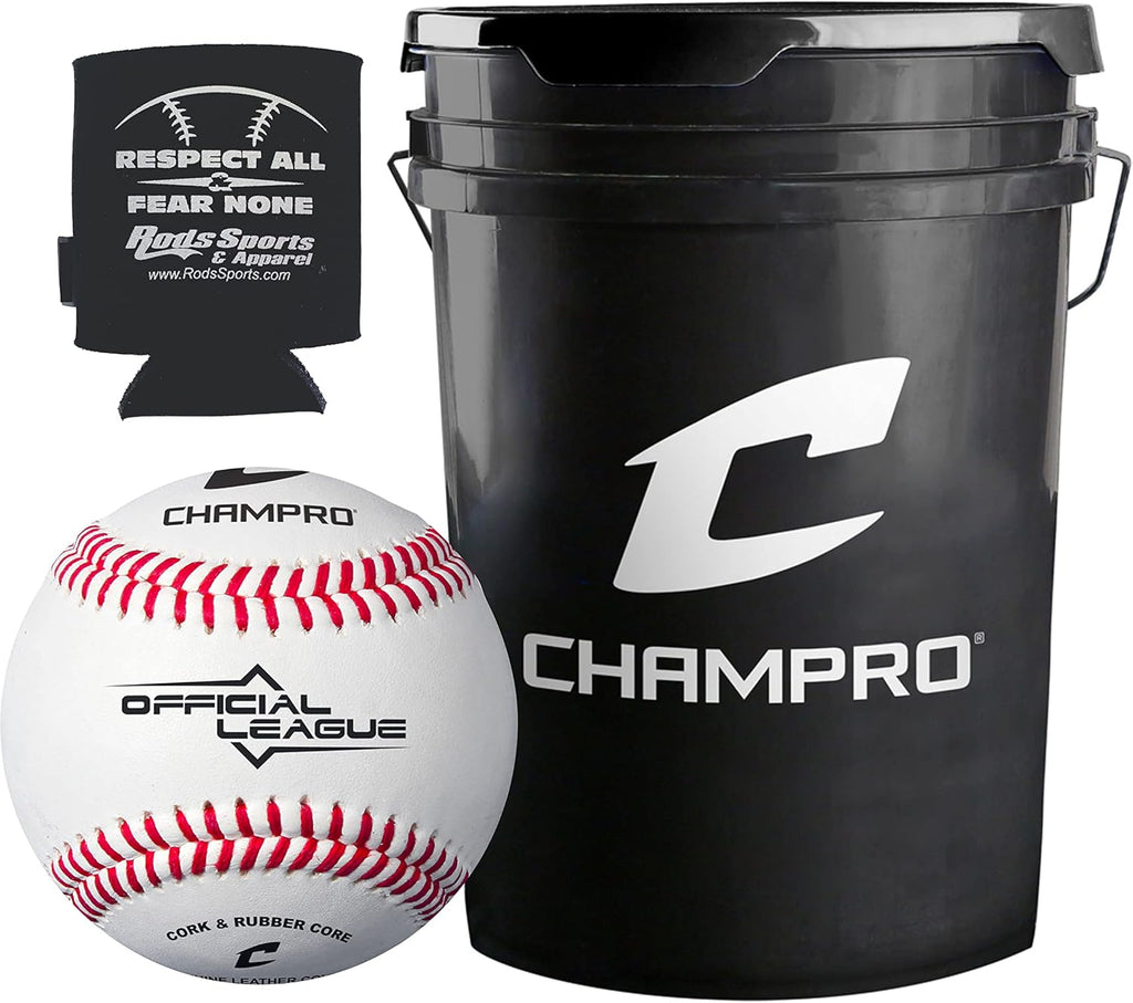 Champro CBB-90 Durahide Cover Baseballs in a Black Champro Bucket – 30 Balls and one Rods Can Sleeve Included