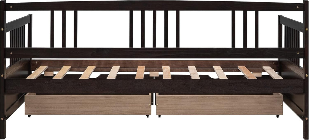 Merax Daybed Bed Wooden Slats Support Modern Living Daybed with Rails (Twin with Drawers, Espresso)