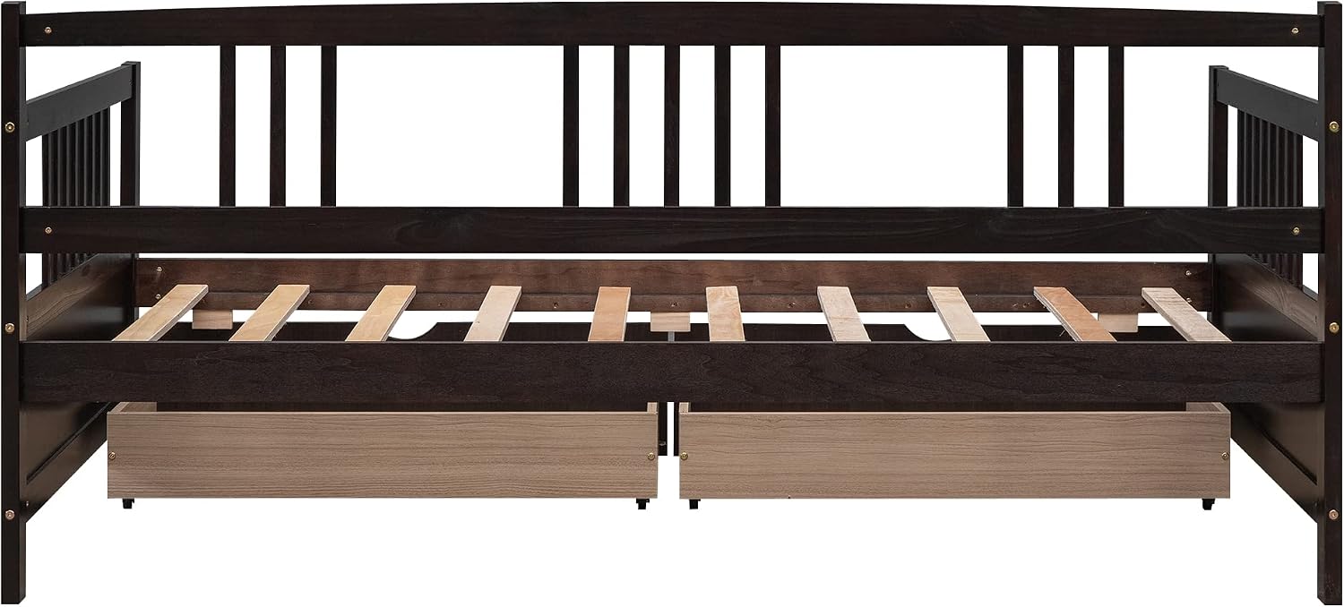 Merax Daybed Bed Wooden Slats Support Modern Living Daybed with Rails (Twin with Drawers, Espresso)
