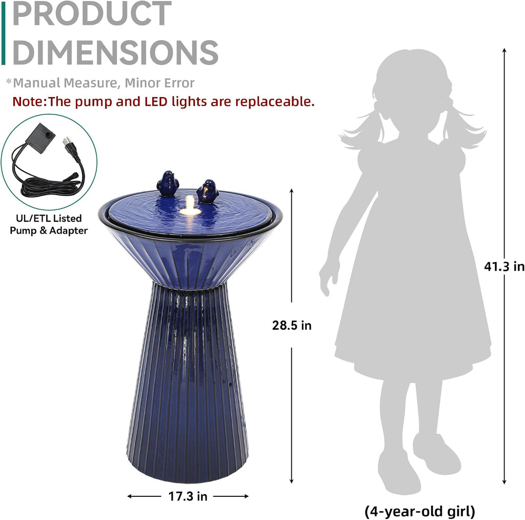 28' Tall Ceramic Outdoor Fountain and Waterfalls, Patio Fountain with LEDs, Birdbath for Outside, Soothing Water Feature for Relaxing Front Porch, Garden, Backyard, Cobalt Blue, 2KD Birds