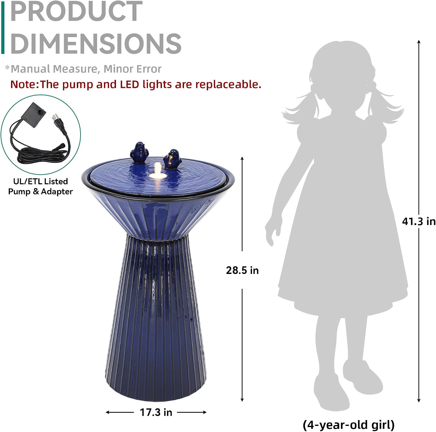 28' Tall Ceramic Outdoor Fountain and Waterfalls, Patio Fountain with LEDs, Birdbath for Outside, Soothing Water Feature for Relaxing Front Porch, Garden, Backyard, Cobalt Blue, 2KD Birds