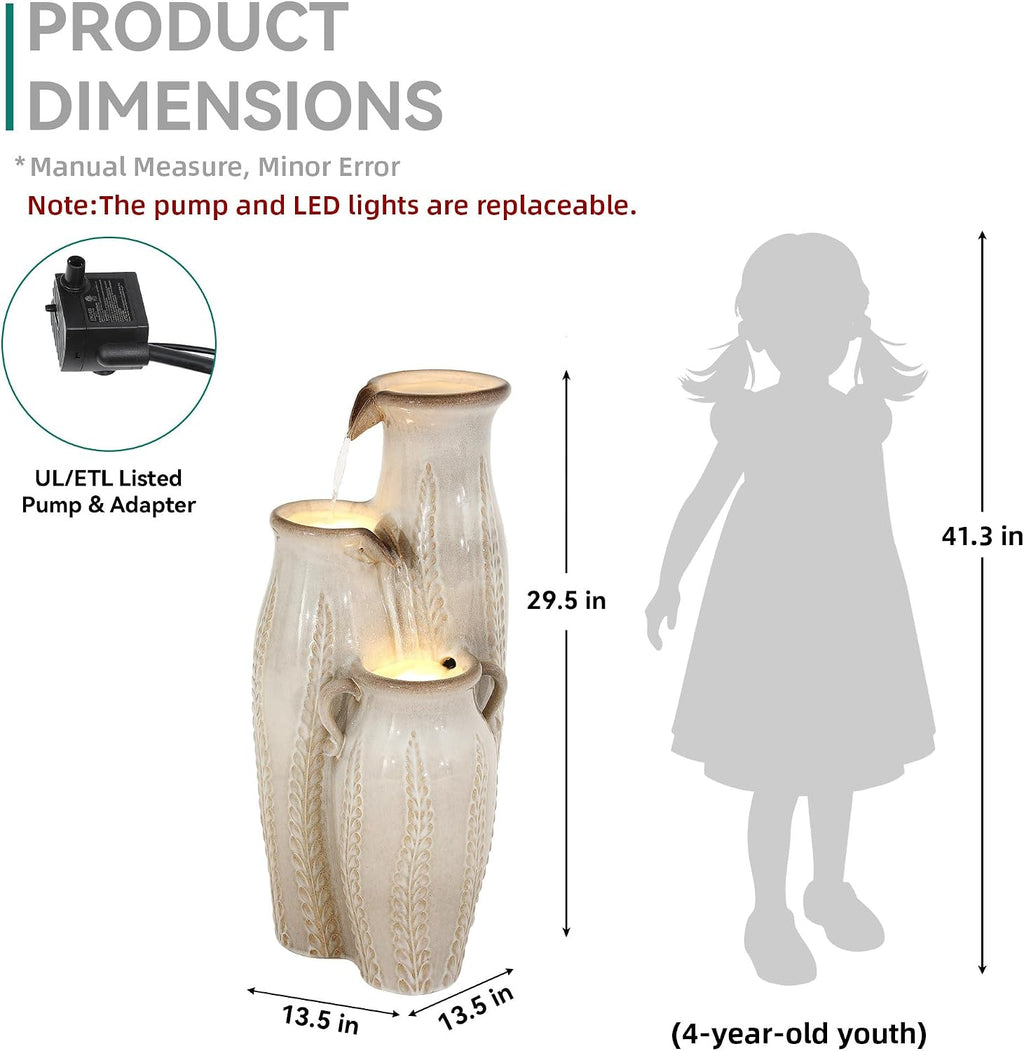 29.5' H Ceramic Outdoor Water Fountain with LED Lights, 3-Tier Vase Cascading Water Feature, Beige Glaze with Embossed Leaf Patterns, Tranquil Waterfall for Garden, Patio, Yard, or Porch