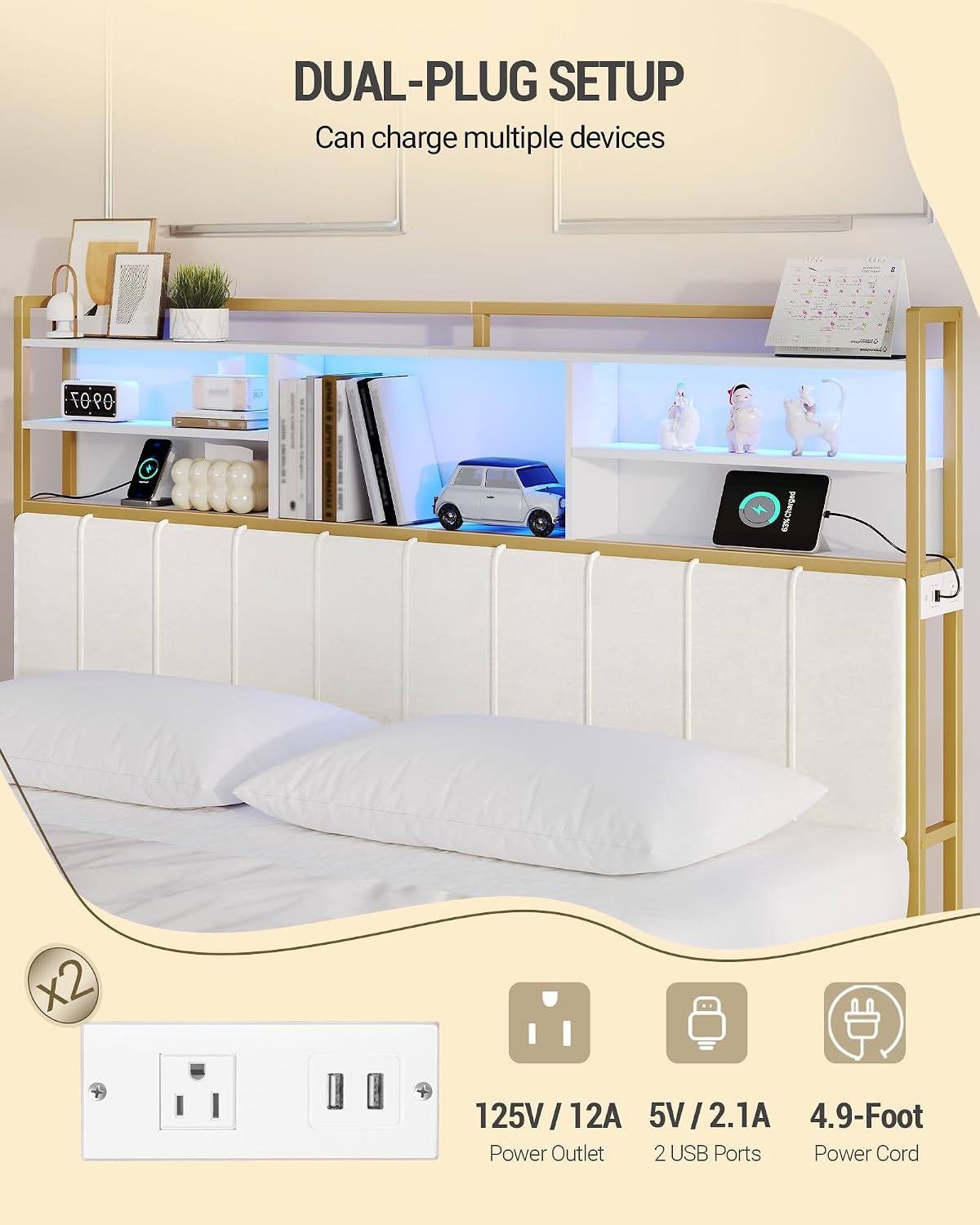 Hzuaneri Headboard with 3-Tier Storage Shelves, Velvet Upholstered Head Board with 2 Outlets, USB Ports & LED Light, Soft Backrest for King Size Bed, White and Gold BH19403A
