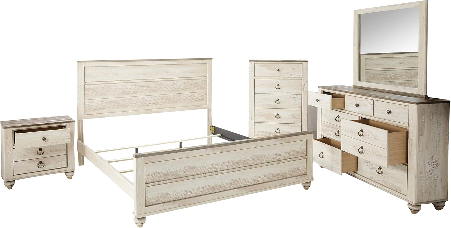 Roundhill Furniture Imerland Contemporary White Wash Finish 5 Piece Bedroom Set