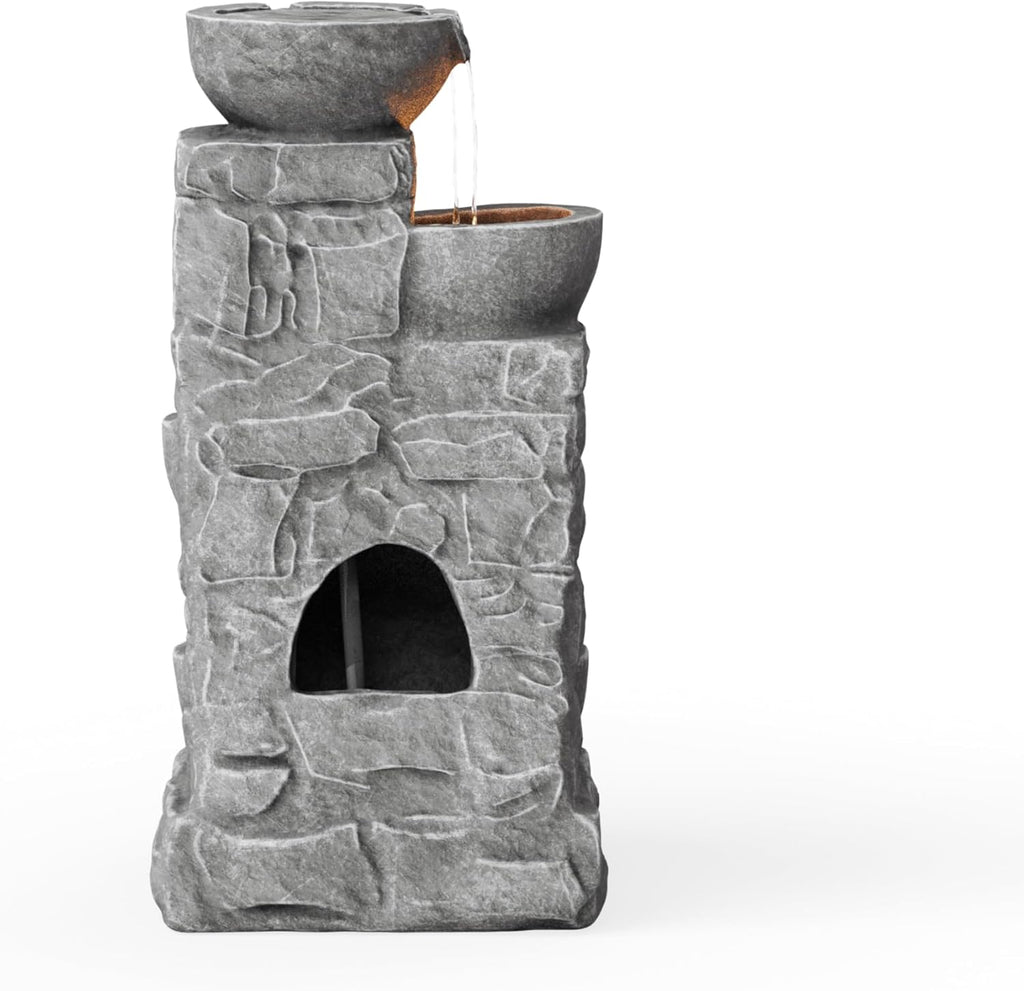 Teamson Home 33' Outdoor Water Fountain with LED Lights, 3-Tier Cascading Bowls, Weather-Resistant Resin Garden Water Feature for Patio, Lawn, and Backyard Decor – Stone Gray