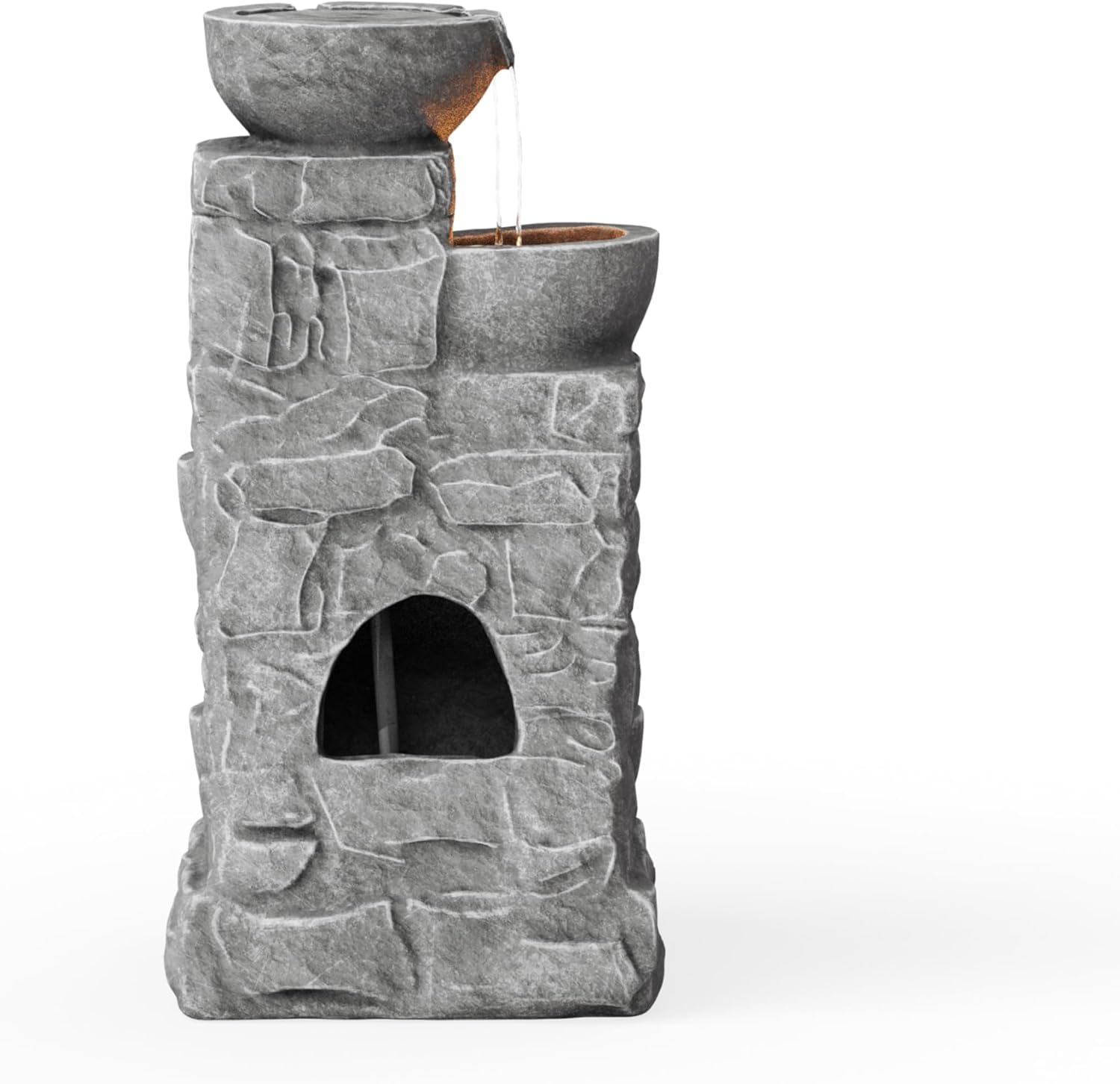 Teamson Home 33' Outdoor Water Fountain with LED Lights, 3-Tier Cascading Bowls, Weather-Resistant Resin Garden Water Feature for Patio, Lawn, and Backyard Decor – Stone Gray