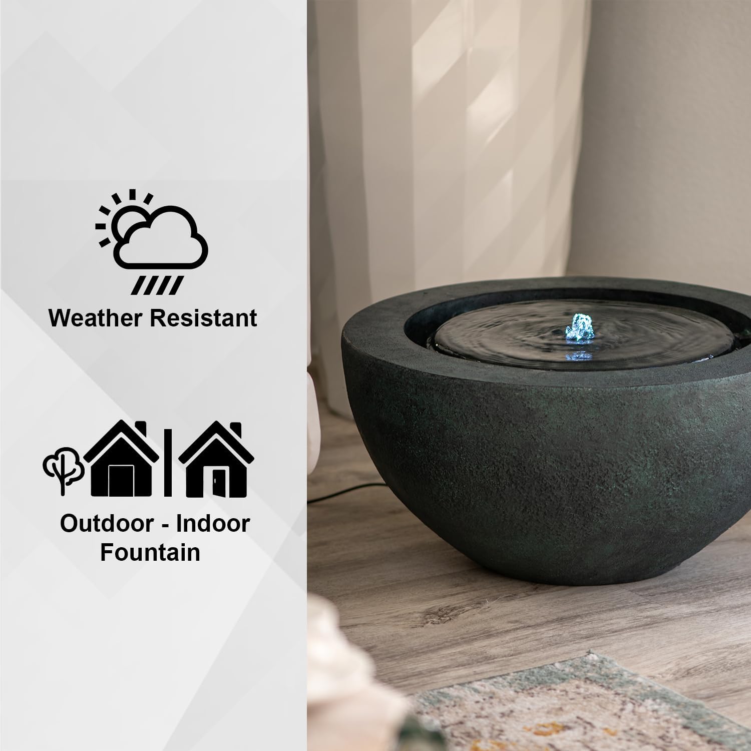 XBrand 19.8' W Round Sphere Water Fountain Indoor Outdoor with LED Light, Polyresin Bubbler Feature for Patio Garden Yard Home Décor, Dark Green