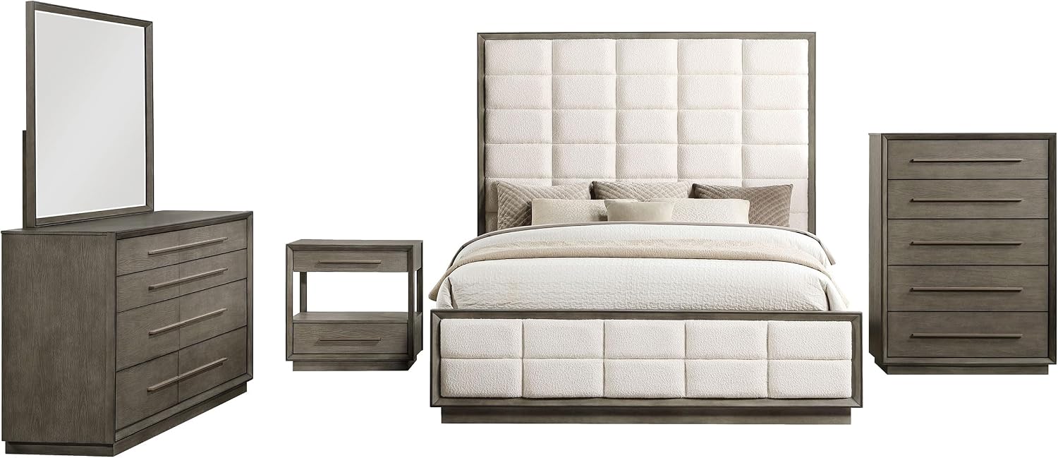 Coaster Home Furnishings Durango Transitional 5-Piece Bedroom Set Boucle Upholstered Queen Size Panel Bed Frame 77-inch Headboard Washed Oak 223271Q-S5