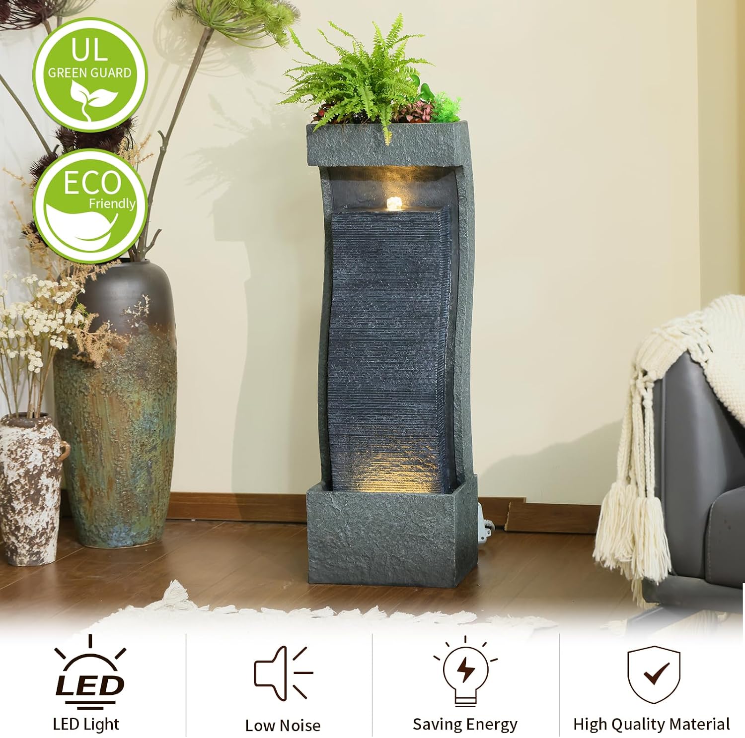 Sunlinua 35H Modern Outdoor Water Fountain with Warm Light Garden Cascading Waterfall Feature for Indoor or Outdoor Cascading Waterfall for Relaxing Garden Patio Backyard Deck Porch or Home Décor